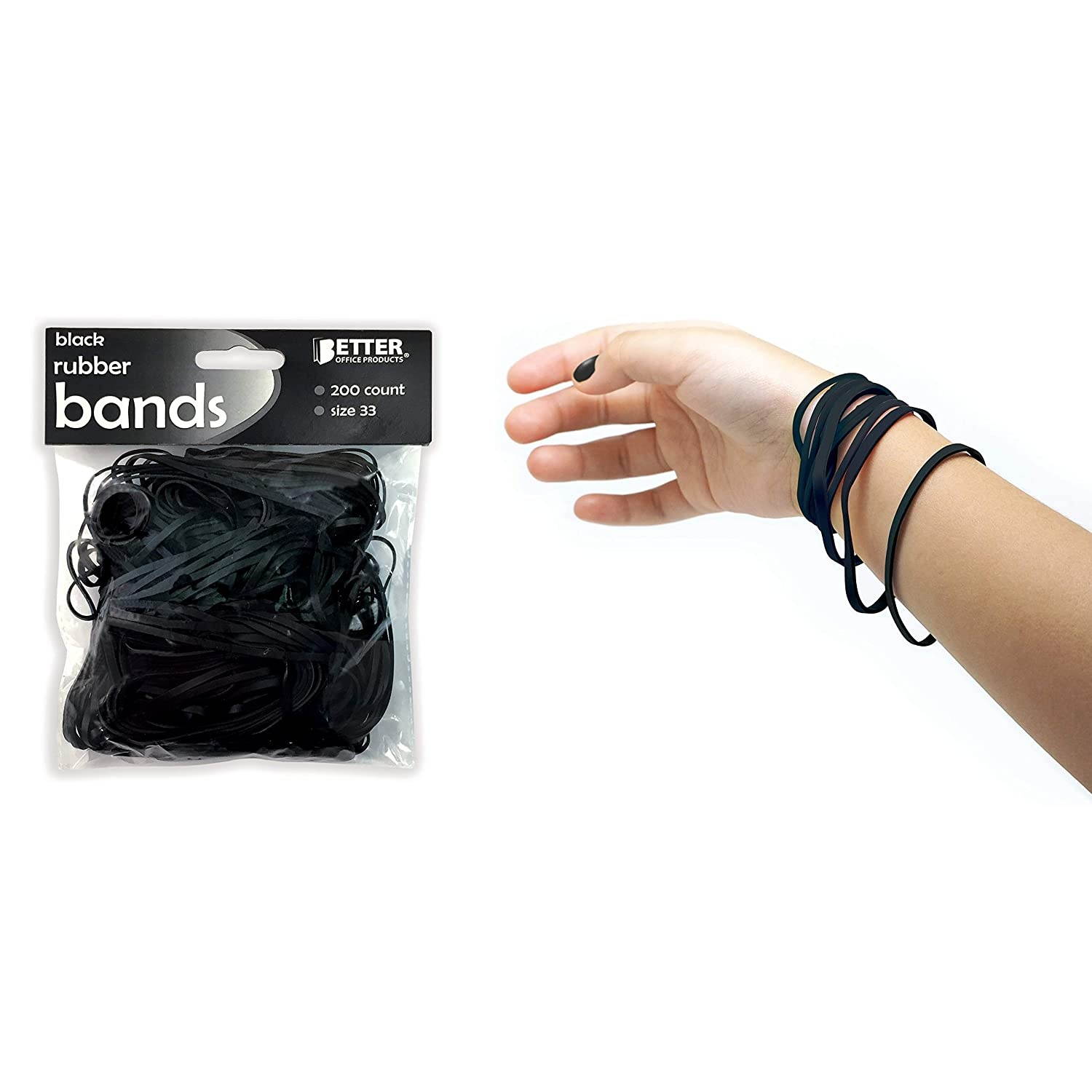 200 Black Rubber Bands, by Better Office Products, Size 33, 200/Bag, Vibrant Black Rubber Bands