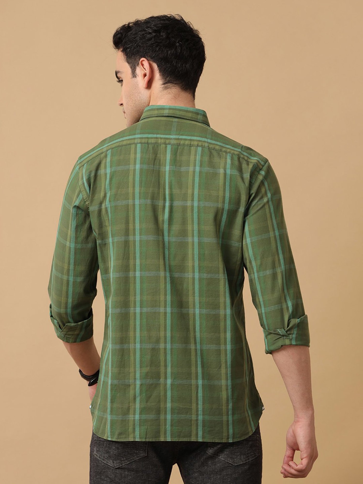 CAVALLO by Linen Club Green Contemporary Fit Check Shirt