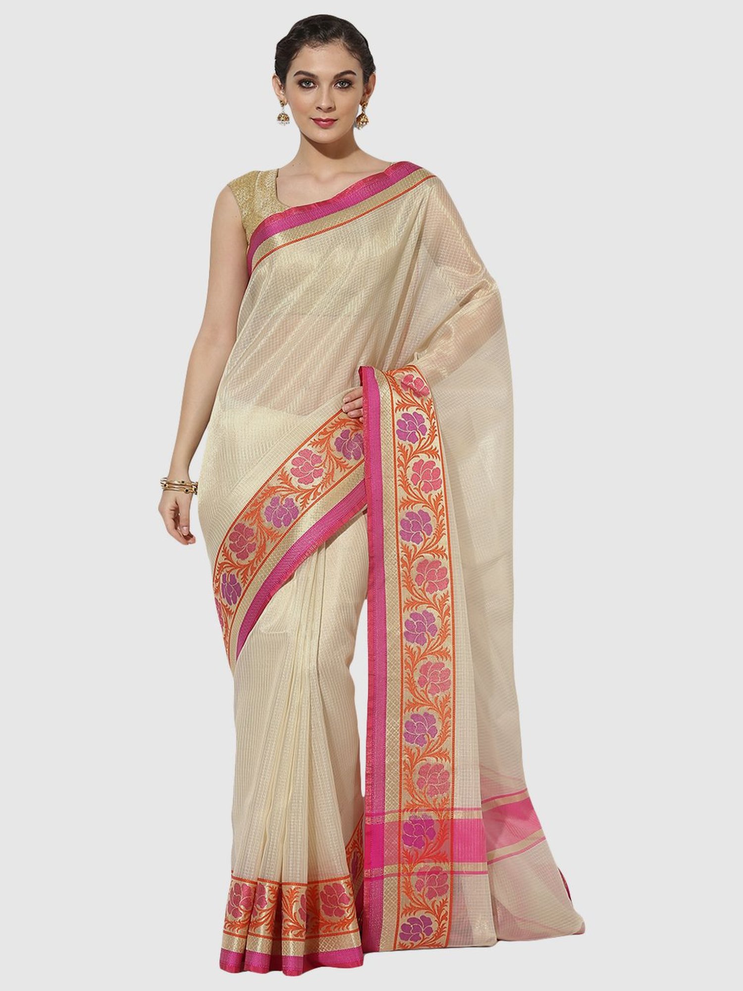 Banarasi Silk Works Beige Silk Woven Saree With Unstitched Blouse