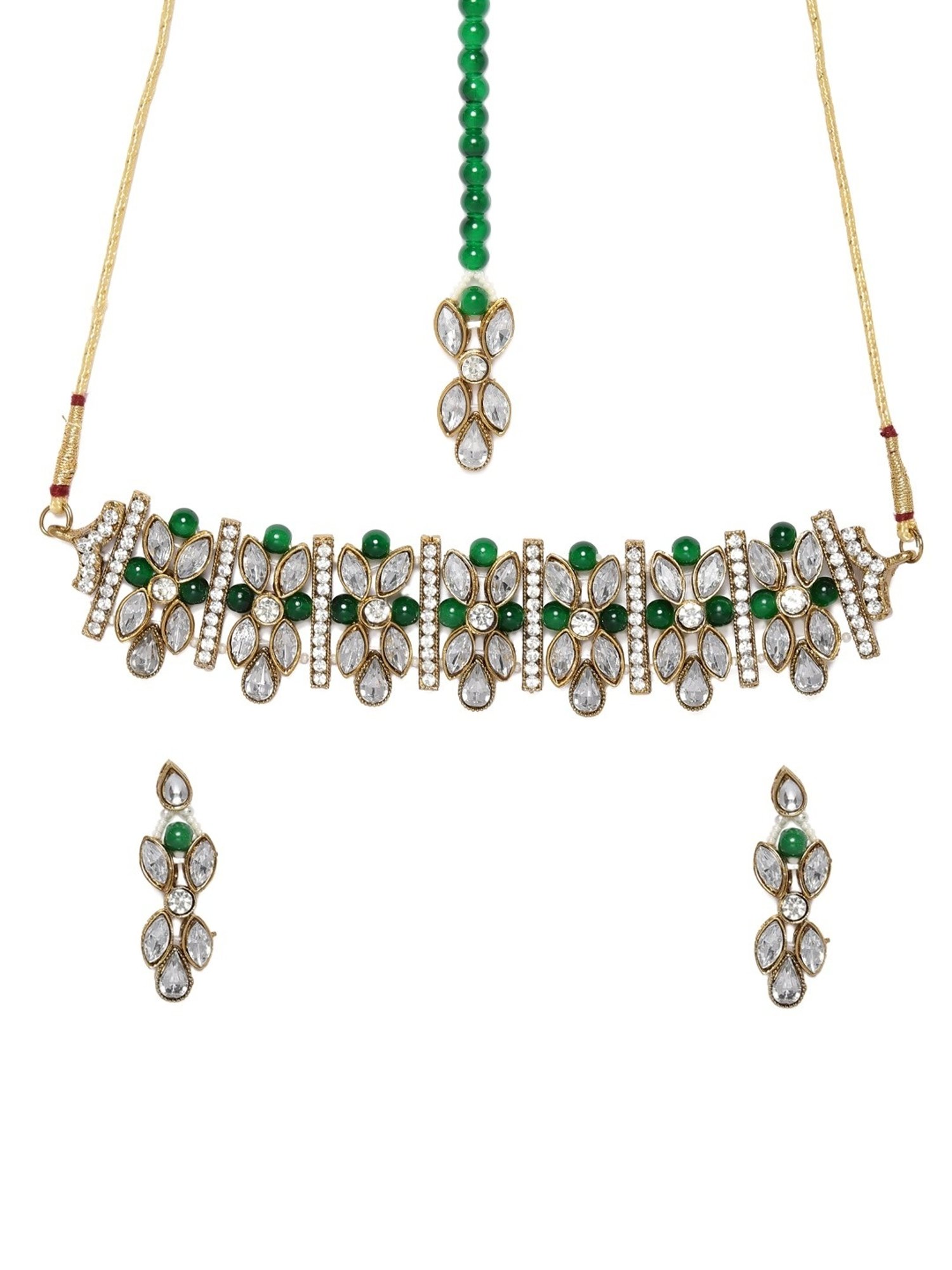 Zaveri Pearls Crystal Shine Stones & Green Beads Choker Necklace Earring Maangtikka-ZPFK9366