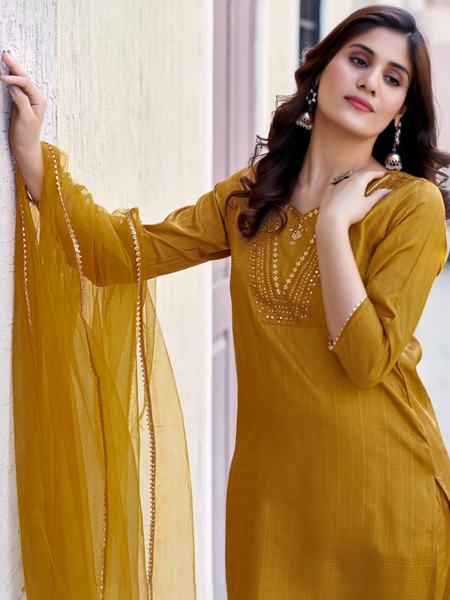 Skylee Mustard Embroidered Kurta Pant Set With Dupatta