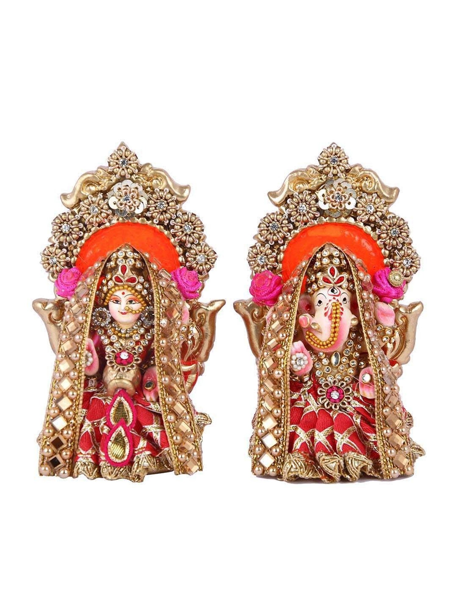 Aapno Rajasthan Red & Golden Terracotta Handcrafted Laxmi Ganesh Idol Set