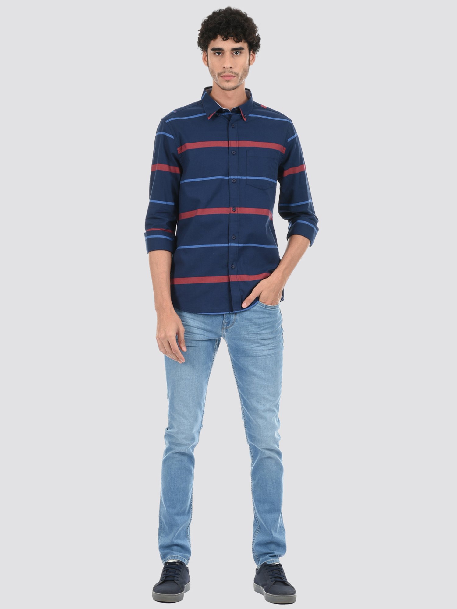 London Fog Navy Blue Regular Fit Striped Shirt