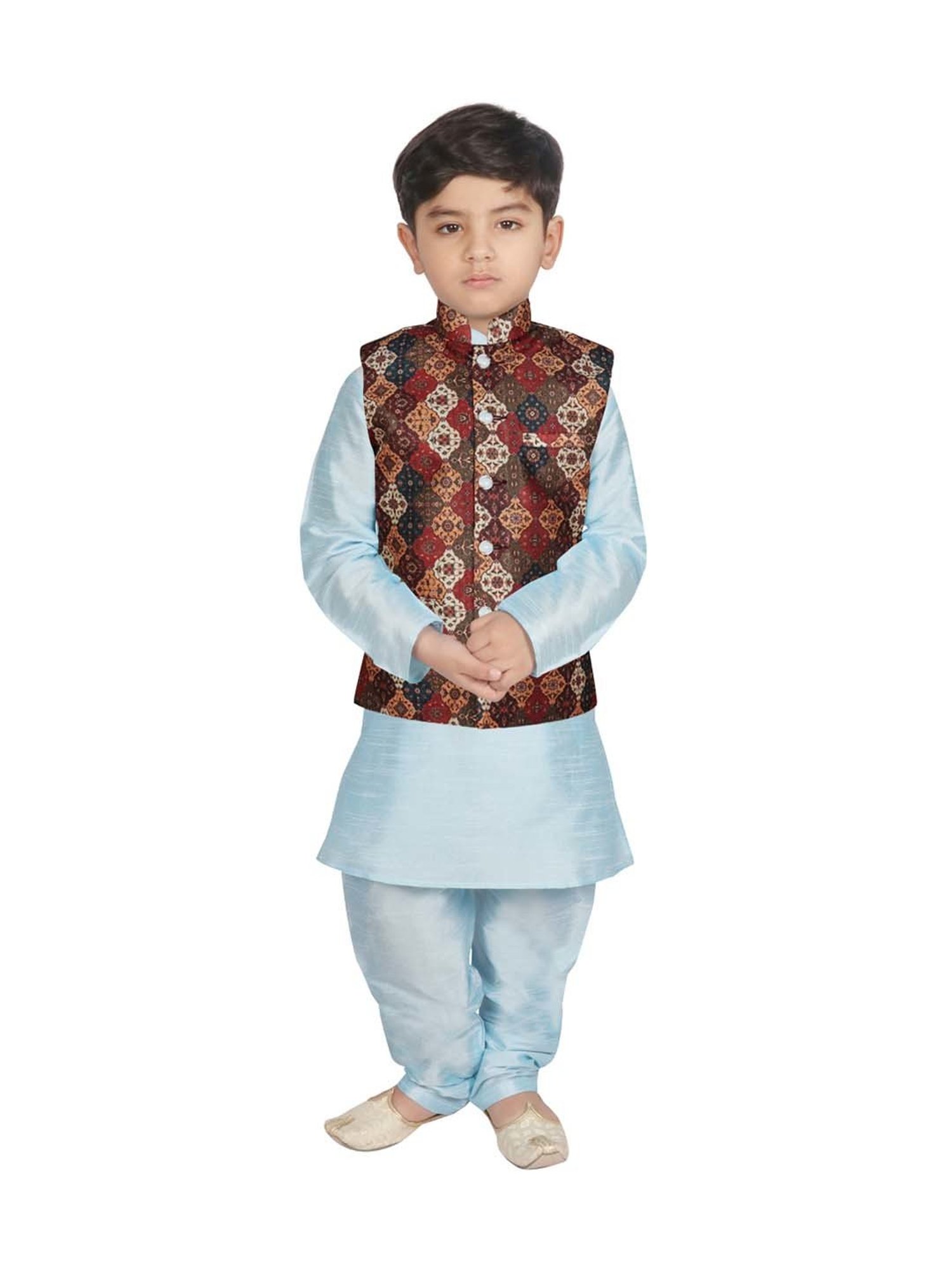 SG Yuvraj Kids Brown & Blue Printed Full Sleeves Kurta Set