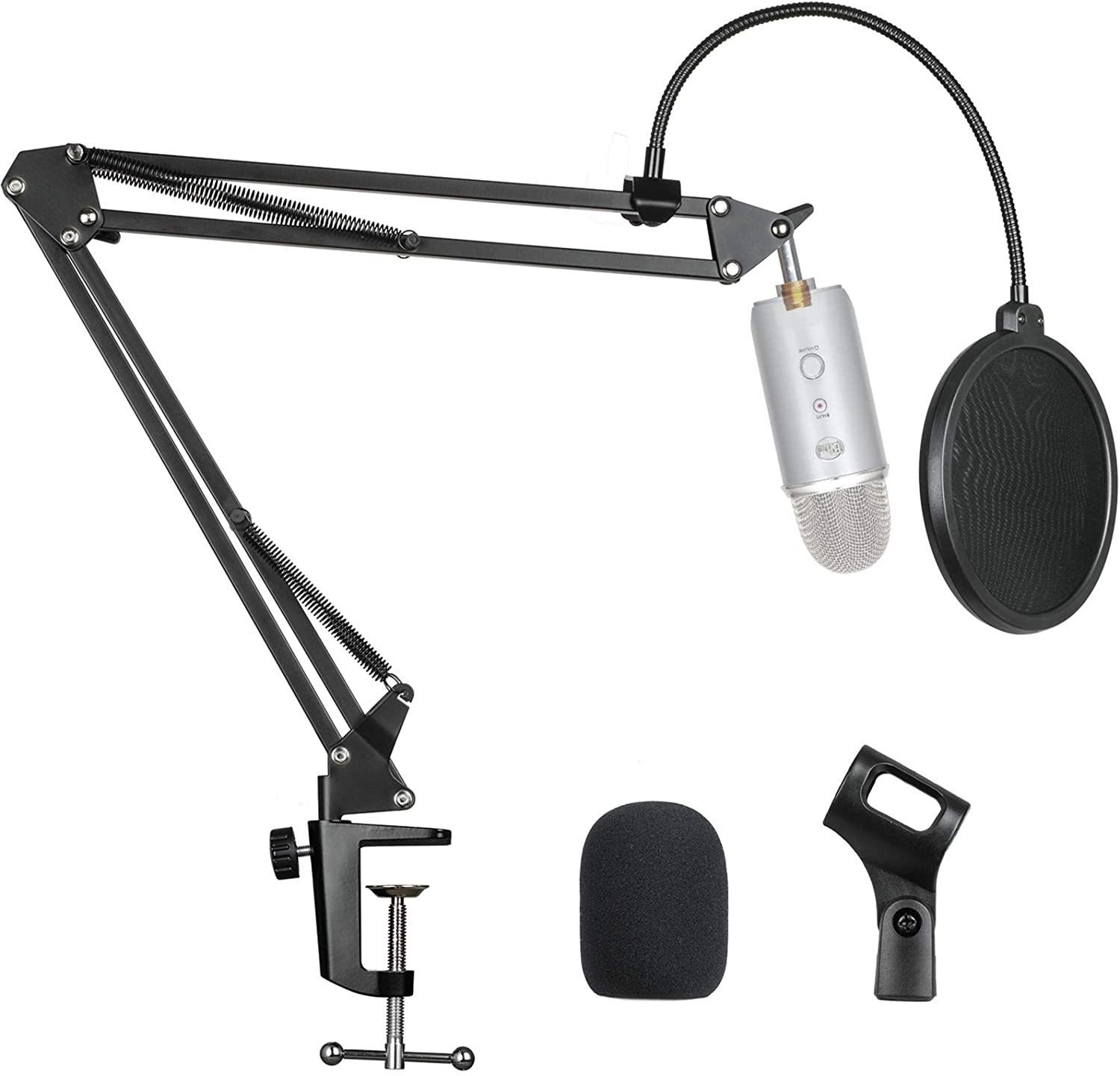 Microphone Suspension Scissor Boom Bracket Stand with Pop Filter and Mic Holder, 5/8&rdquo;Screw for Blue Yeti, Snowball, Spark, Yeti x and All Other Microphones