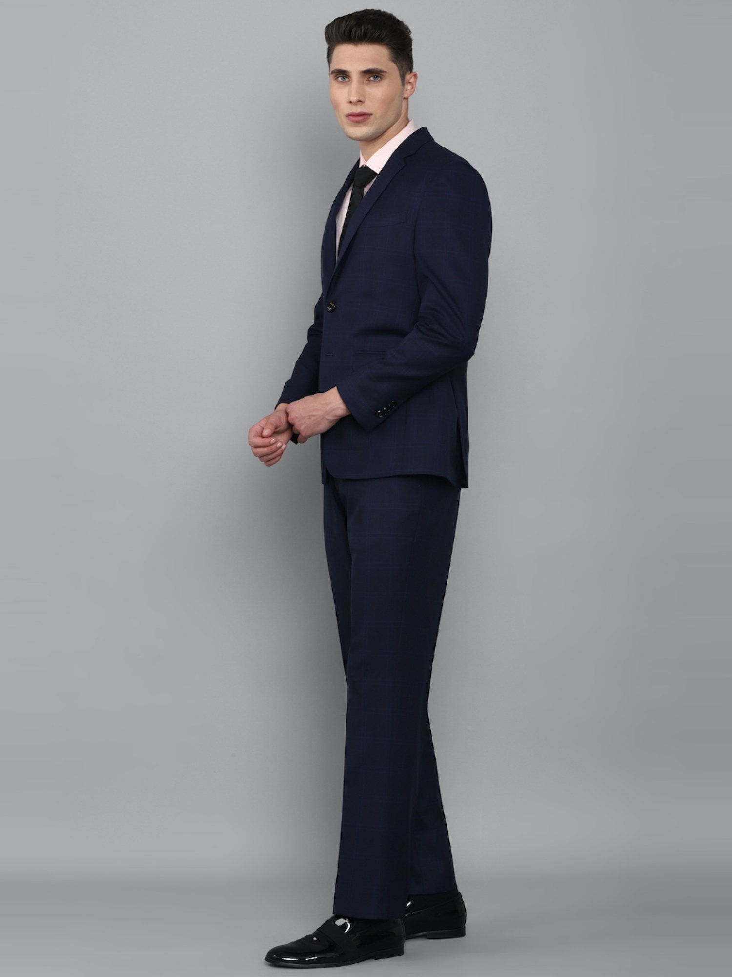 Luxure By Louis Philippe Navy Blue Slim Fit Checks Two Piece Suit