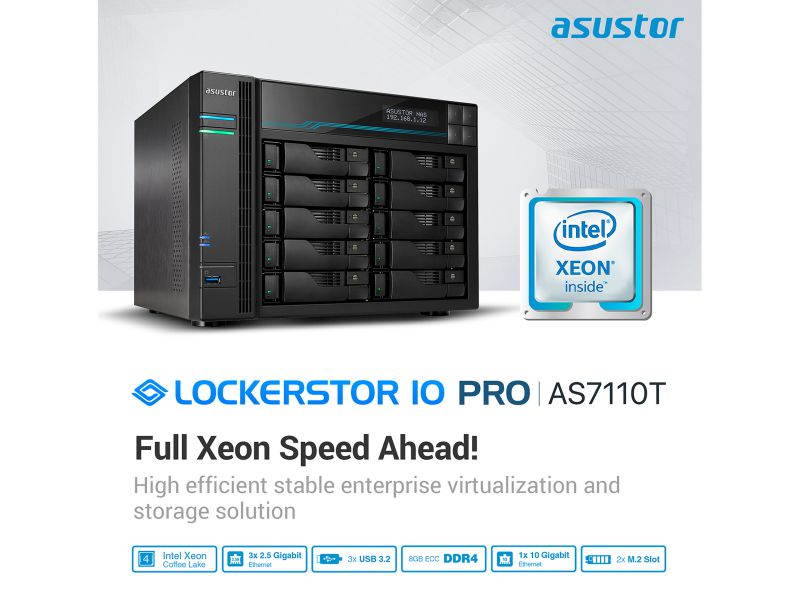 Asustor AS7110T | Lockerstor 10 Pro | Enterprise Network Attached Storage | 3.4GHz Quad-Core, One 10GbE Port, Three 2.5GbE Port, 8GB RAM DDR4 (10 Bay Diskless NAS)