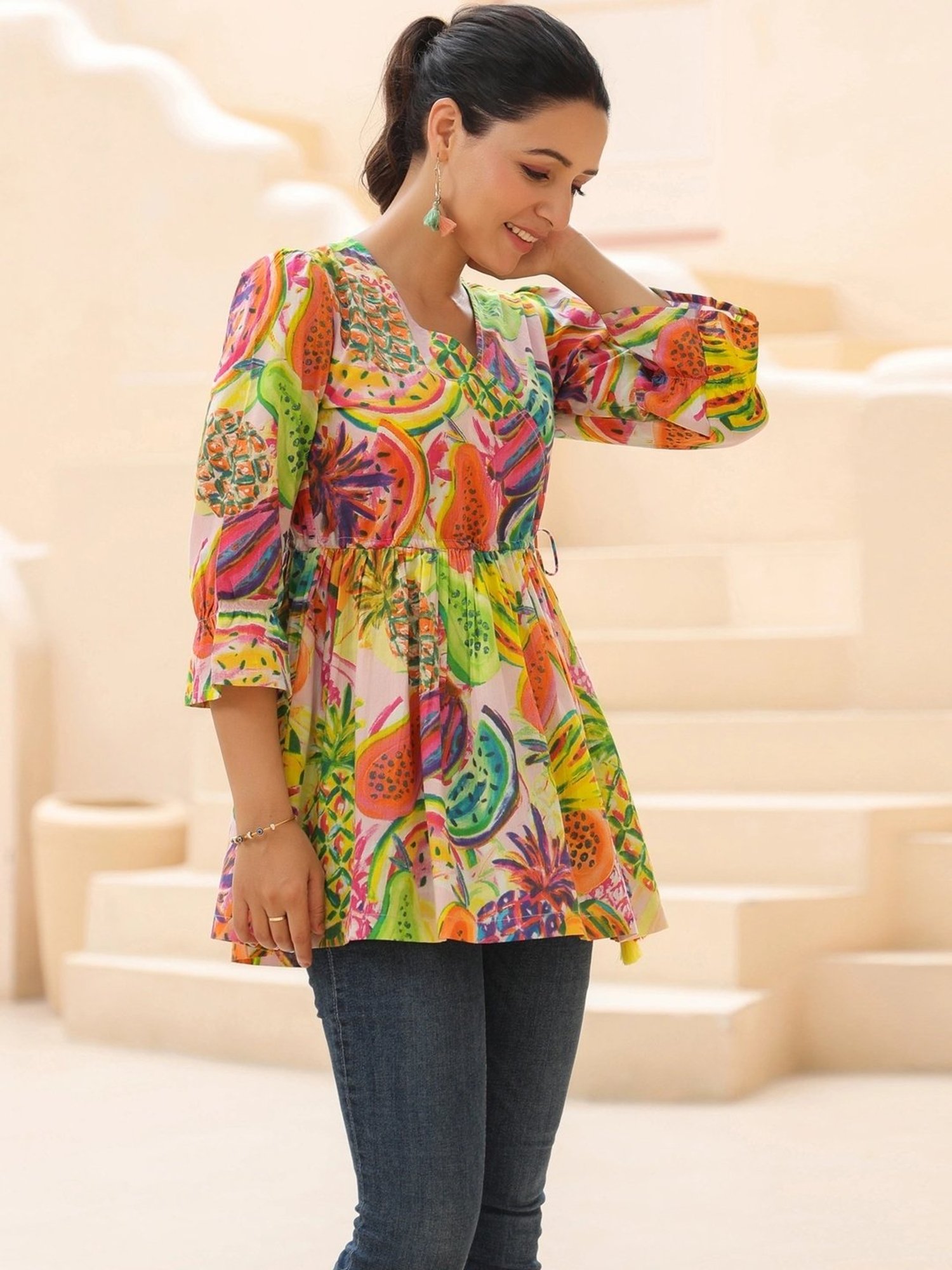 Rain and Rainbow Multicolored Cotton Printed Top
