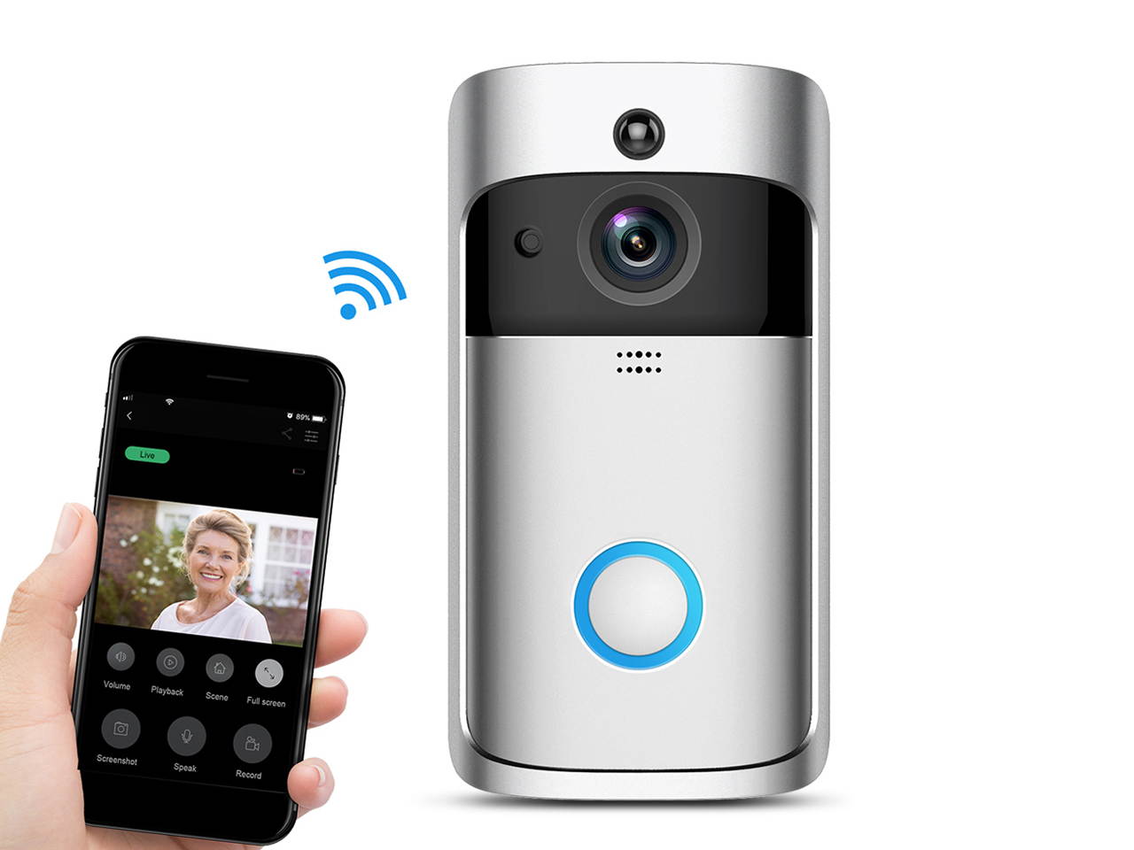 Video Doorbell Camera, Wi-Fi with Smart PIR Motion Detection, Wide Angle, Night Vision, Real-Time Notification, Two-Way Talk