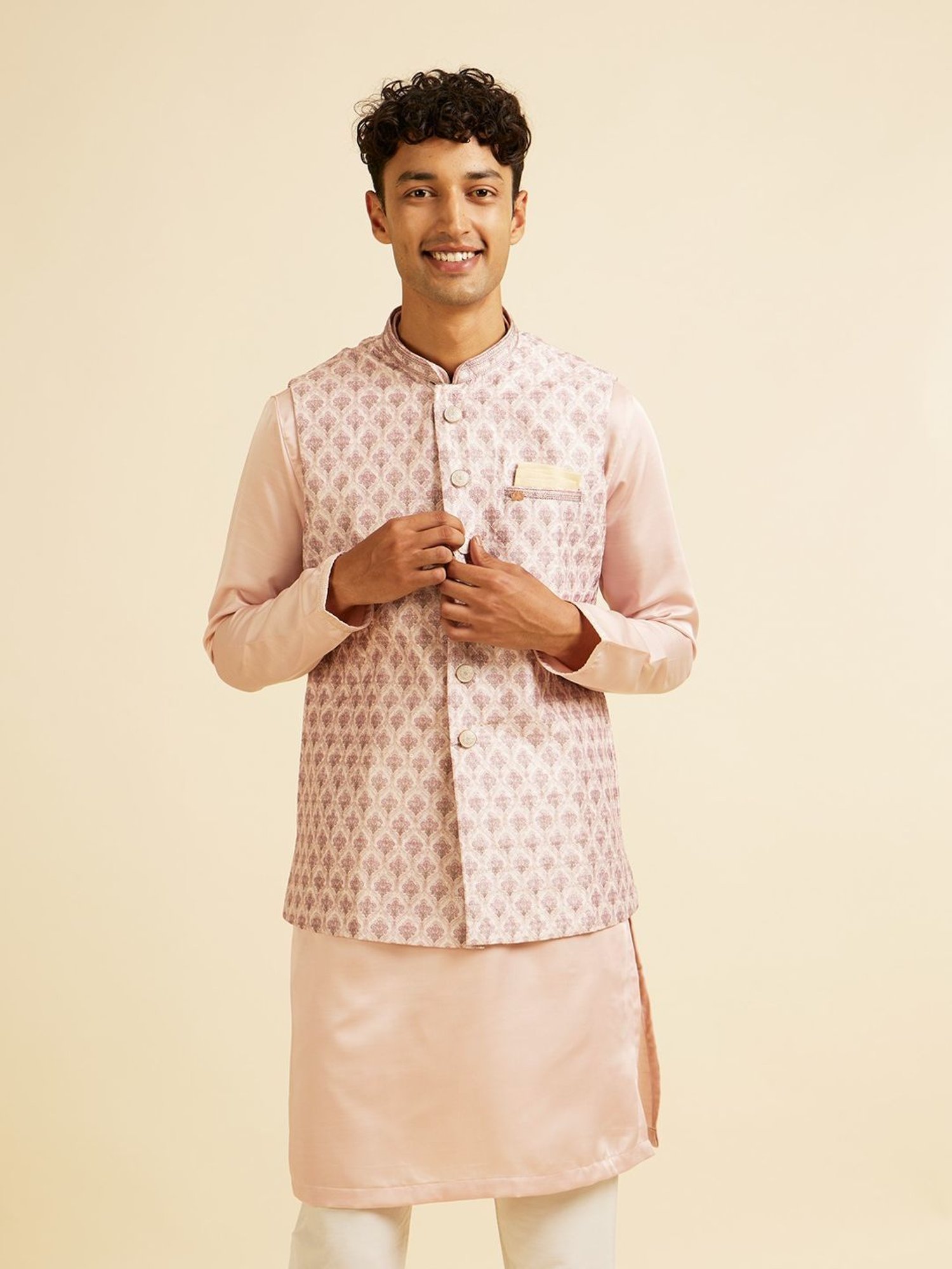 Manyavar Peach Regular Fit Floral Print Nehru Jacket