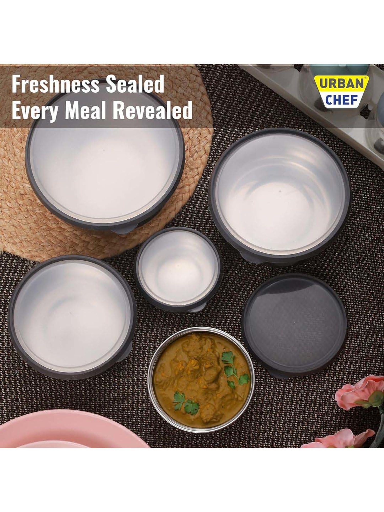 Urban Chef Transparent Stainless Steel Fresca Push & Lock Bowl Storage Set With Lid - Set of 5