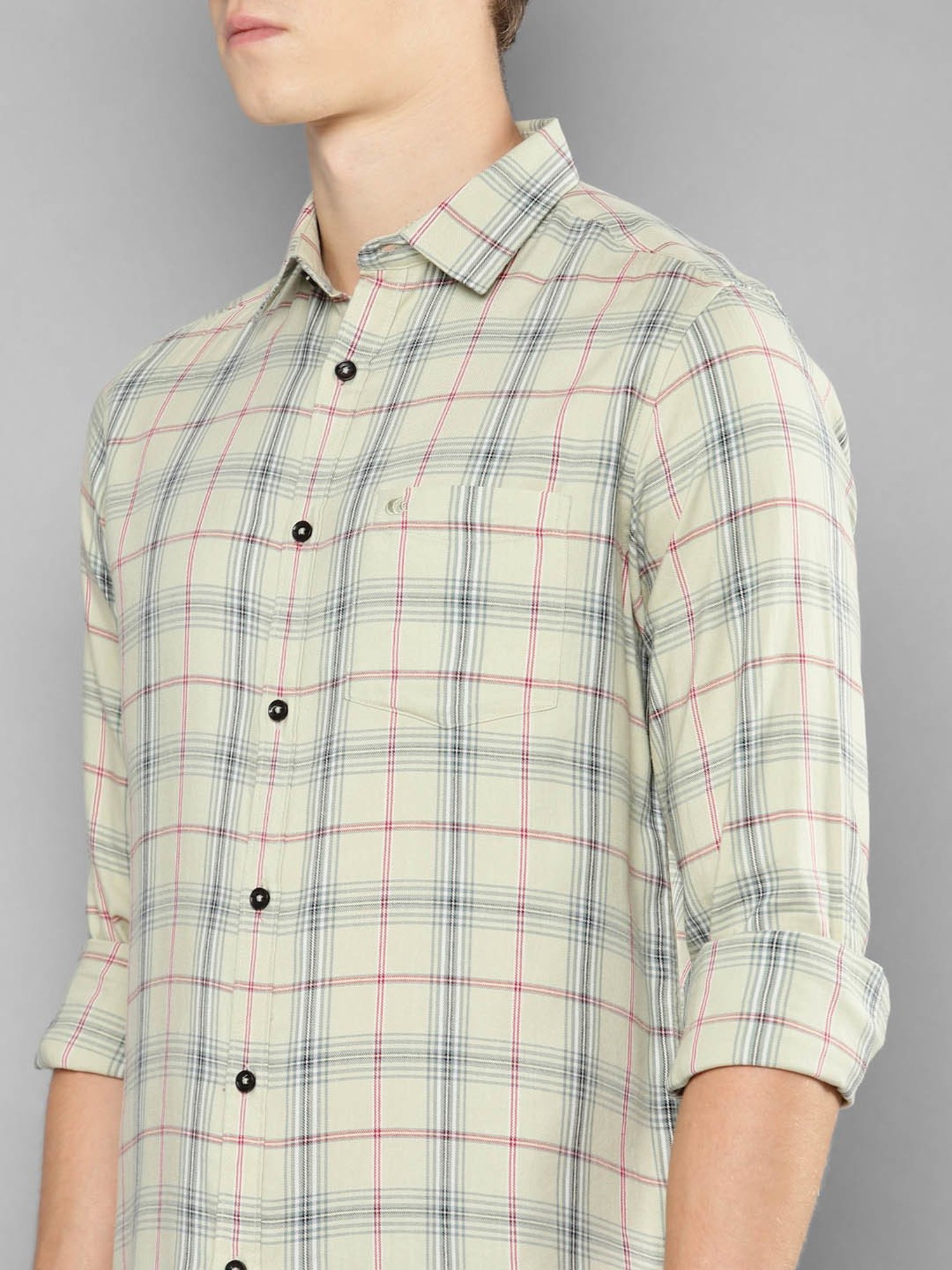 Allen cooper Light Beige Regular Fit Check Cotton Shirt