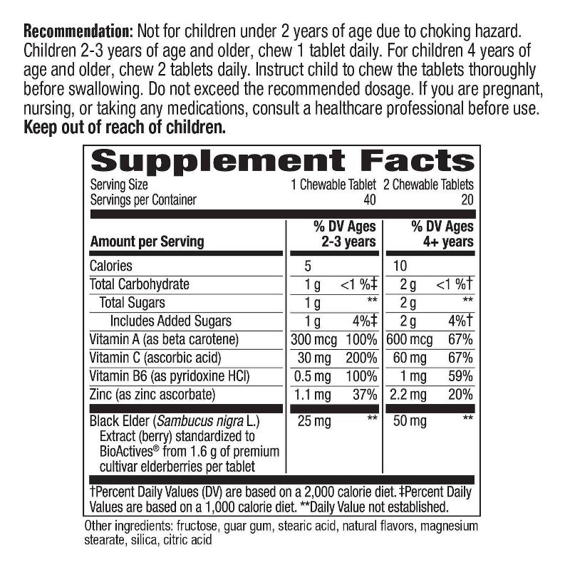 Nature's Way Sambucus Elderberry Kids Chewable Tablets with Vitamin A, Vitamin C & Zinc – 40ct