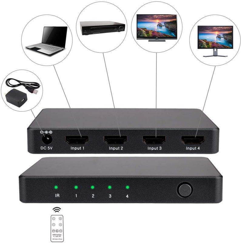 HDMI Switch 4K, 4 Ports HDMI Switcher 4 Input 1 Output 4K@60Hz/2K/1080P/3D with IR Remote Control Full HD 1080P HDCP Switcher 3D for HDTV PS3 PS4 BLU-Ray DVD TV Projector