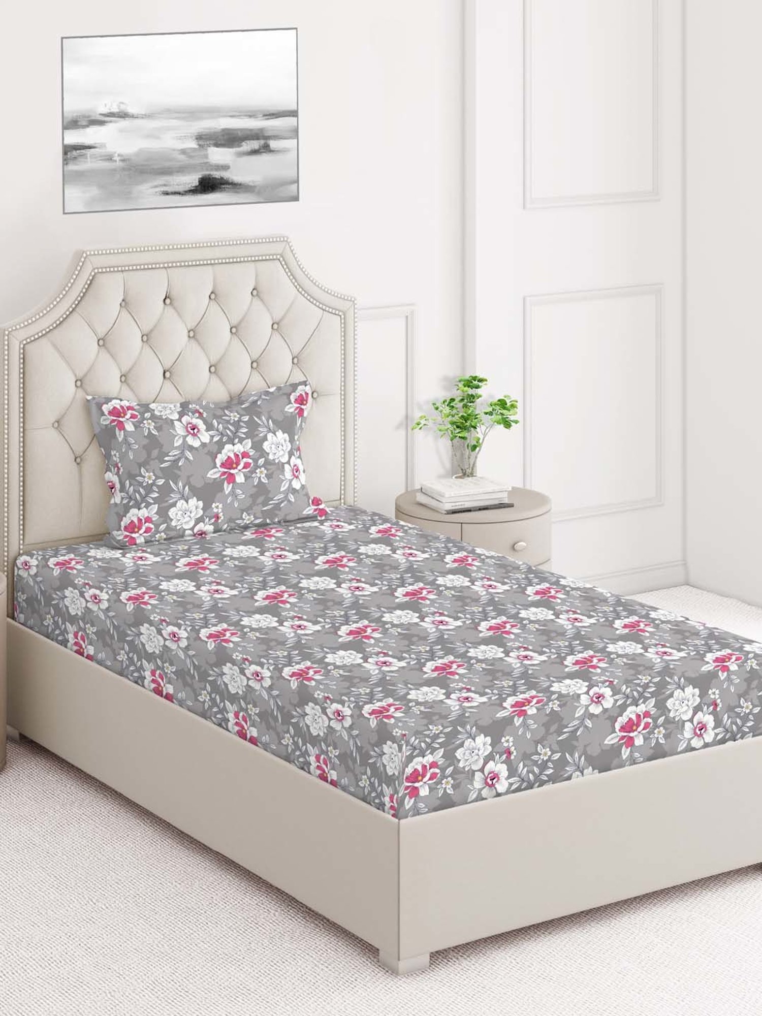 Layers Tuscany Grey Cotton 104 TC Single Flat Bed Sheet With 1 Pillow Cover