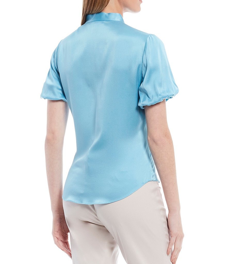 Antonio Melani Morgan Sandwashed Stretch Silk-Blend Short Puff Sleeve Mandarin Collar Neck Blouse