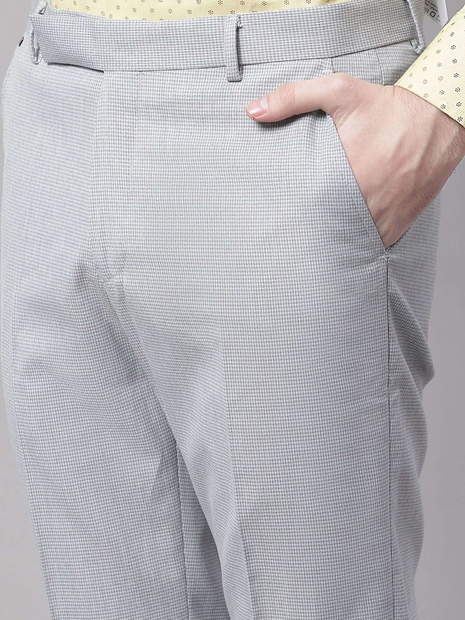 Cantabil Light Grey Regular Fit Printed Flat Front Trousers