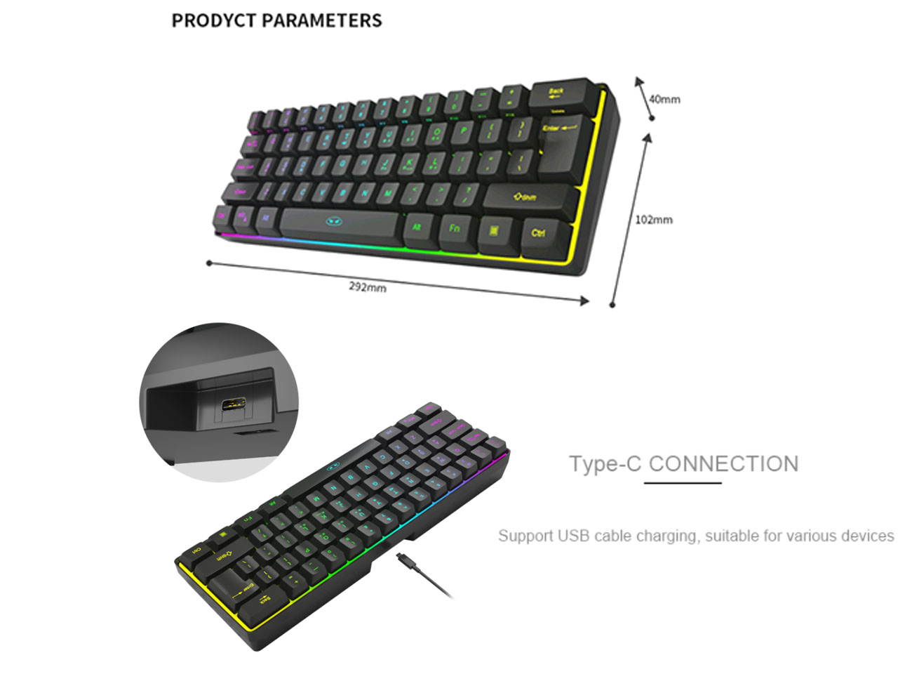 Wireless mini keyboard 61-key mini portable membrane keyboard RGB backlit office keyboard Windows/Mac/laptop keyboard (white)