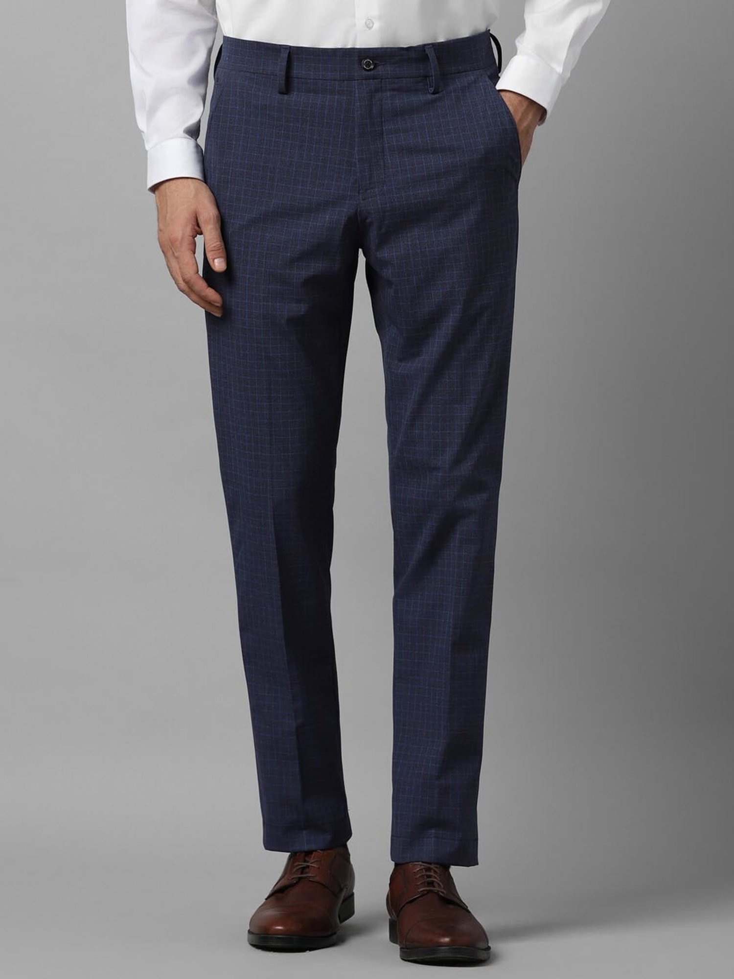 Louis Philippe Navy Slim Fit Checks Trousers
