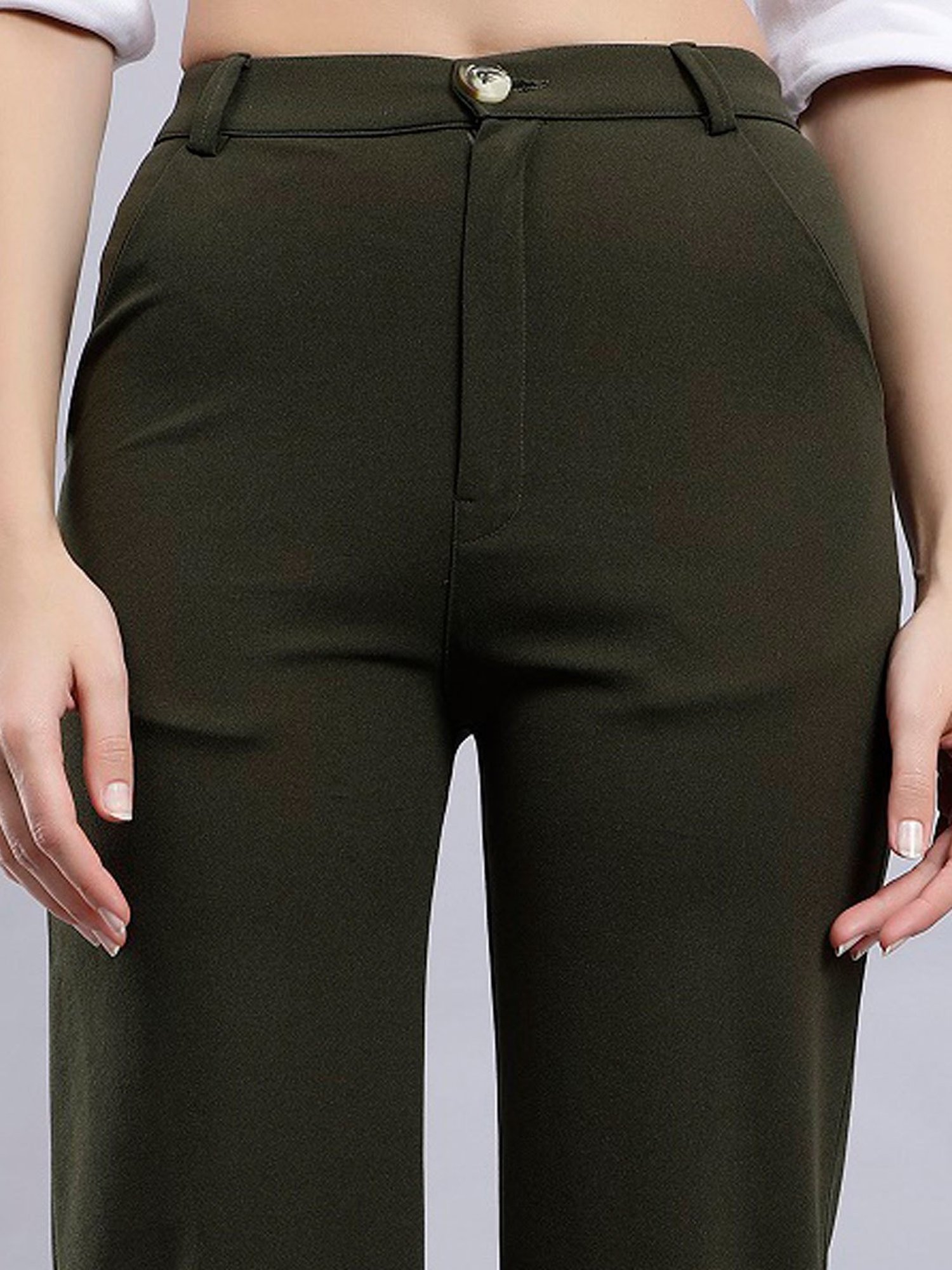 Anvi Be Yourself Olive Straight Fit Mid Rise Trousers