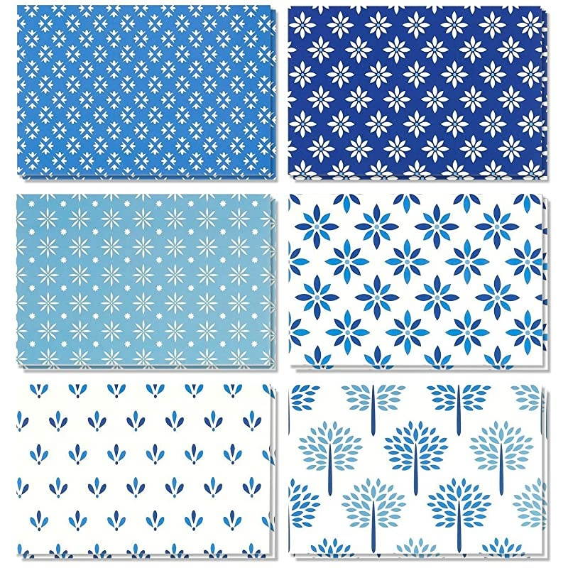 Pack Blank Greeting Note Card Bulk, Shades of Blue Floral Foliage, Envelopes Included, 4x6
