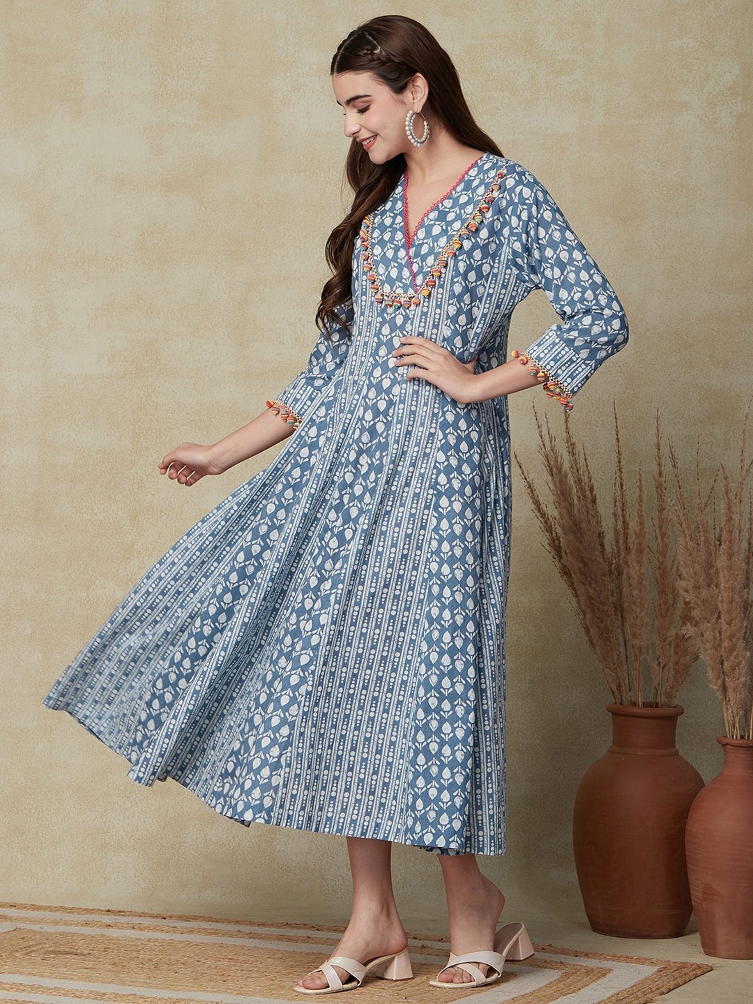 Fashor Blue Cotton Printed A-Line Dress