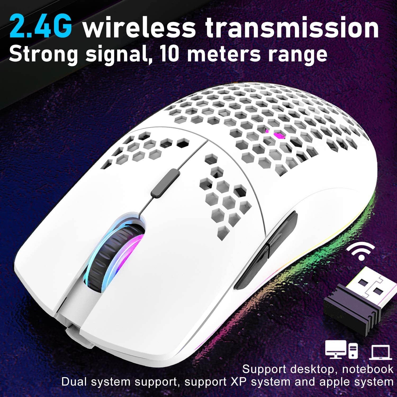 Wireless Gaming Mouse Lightweight Honeycomb Design 3200 DPI Rechargeable Gaming Mouse with 16 Rainbow Backlit, USB Receiver,Compatible with PC Gamers and Xbox and PS4 Users(White)