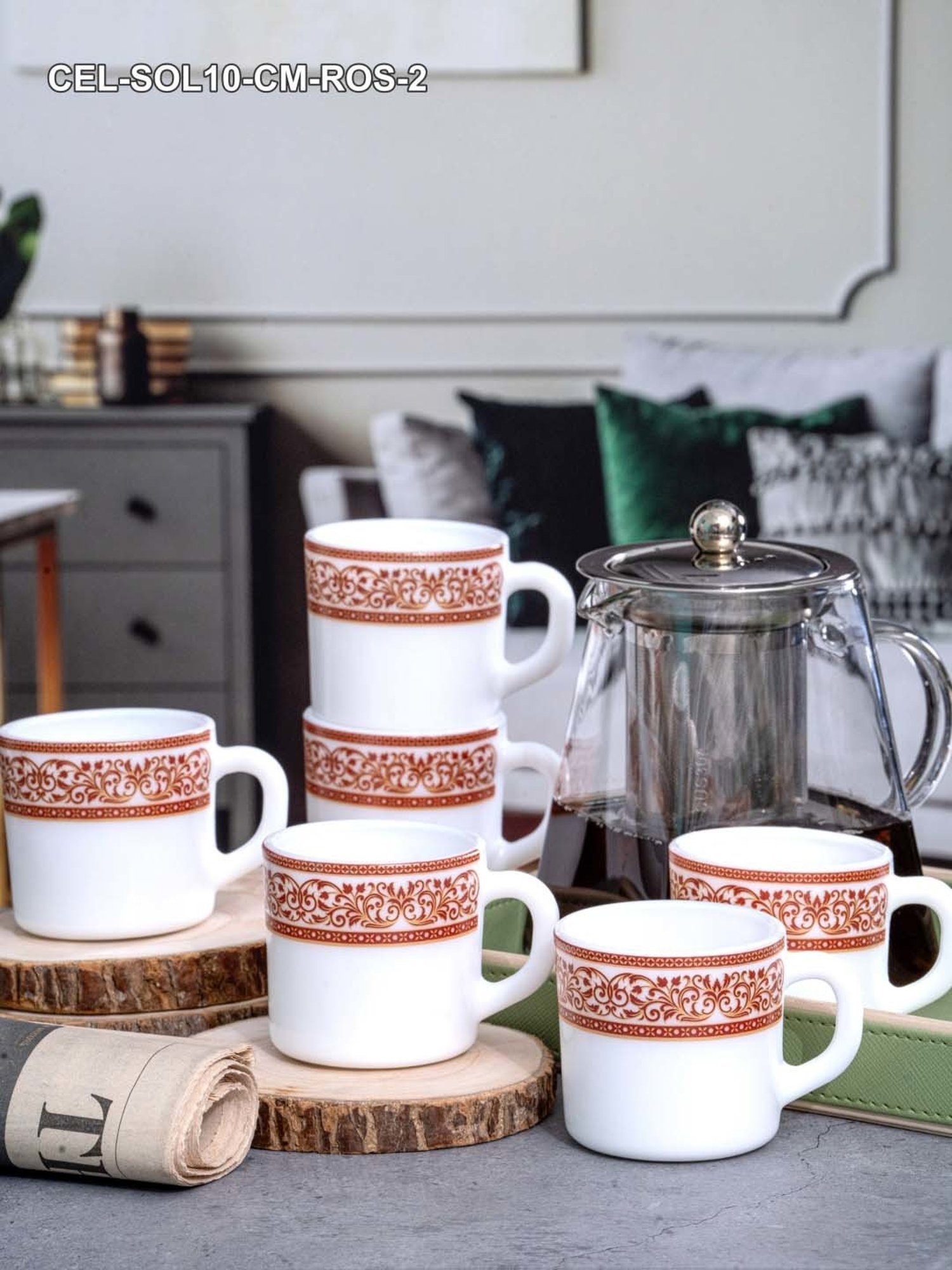 Cello White & Pink Opalware Coffee Mugs (0.1 L) - Set of 12