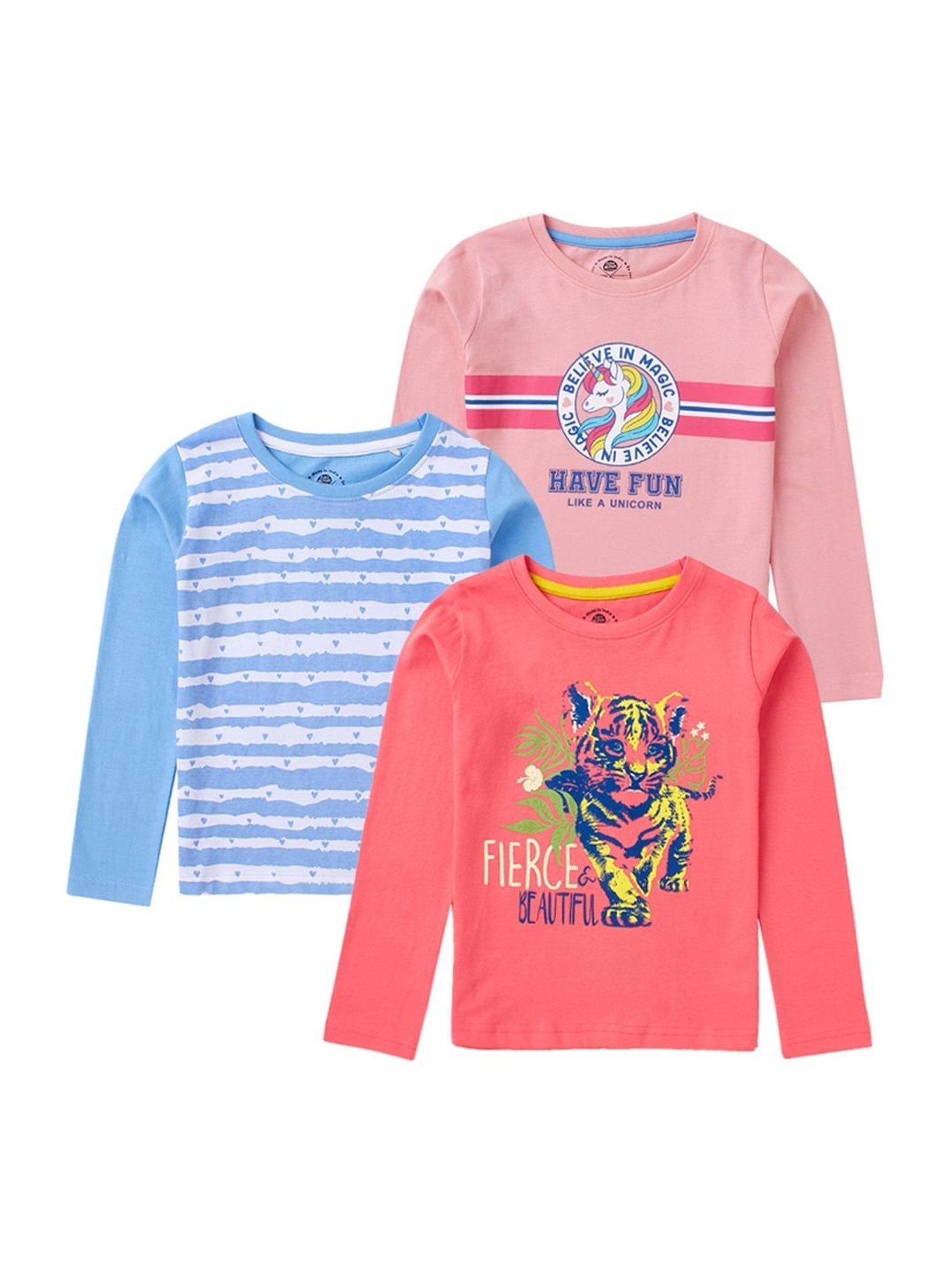 Cub McPaws Kids Multicolor Cotton Printed Full Sleeves T-Shirt (Pack of 3)