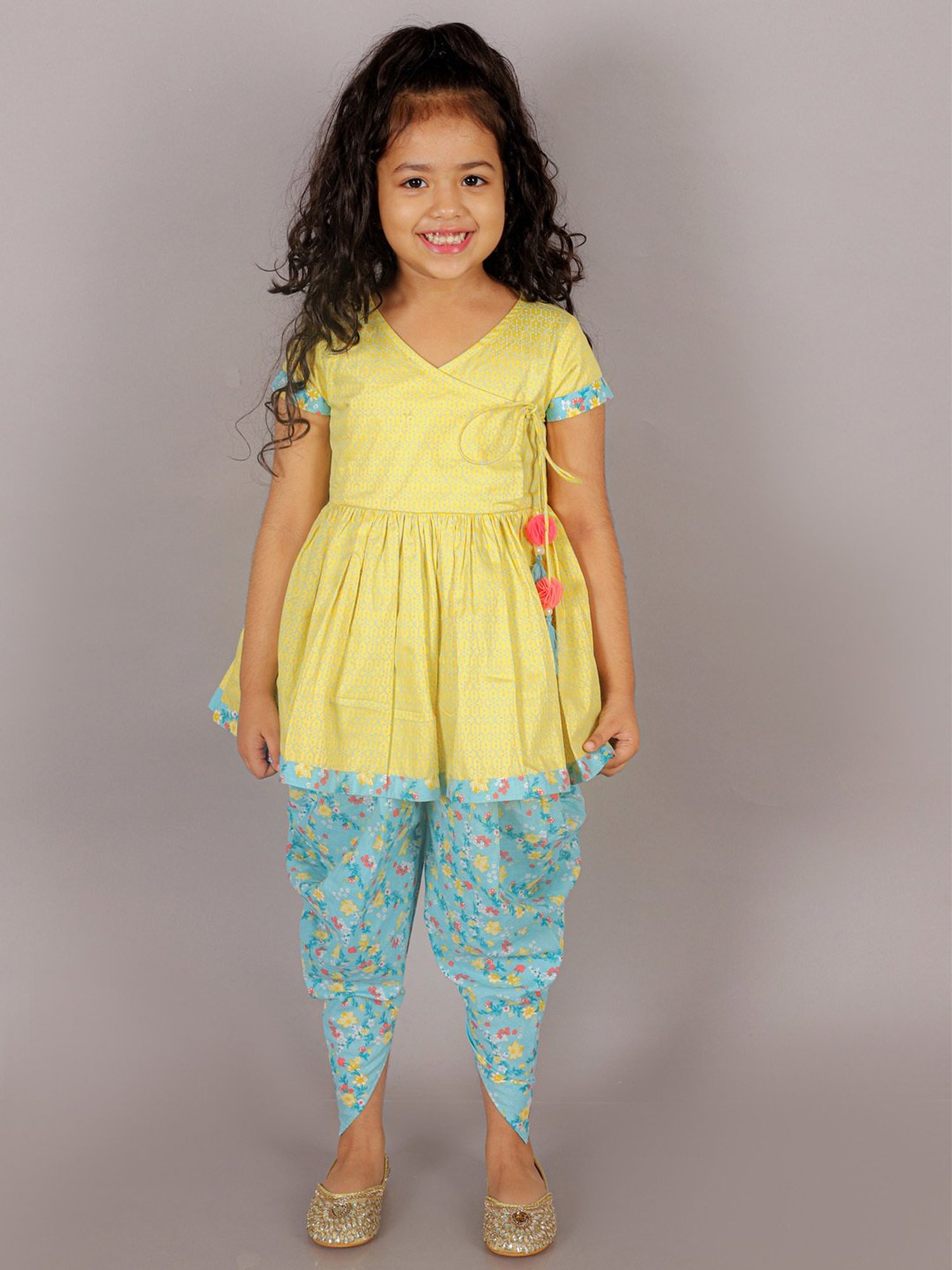 Lil Drama Kids Yellow & Blue Floral Print Kurta with Dhoti