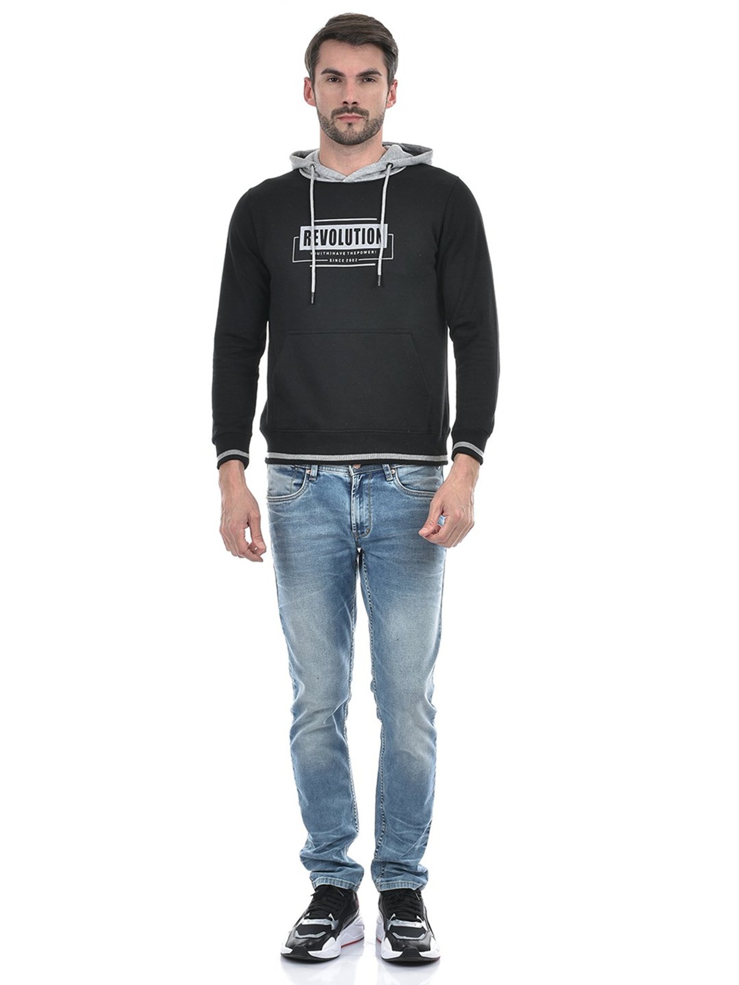 Integriti Black Regular Fit Printed Hooded Sweatshirt