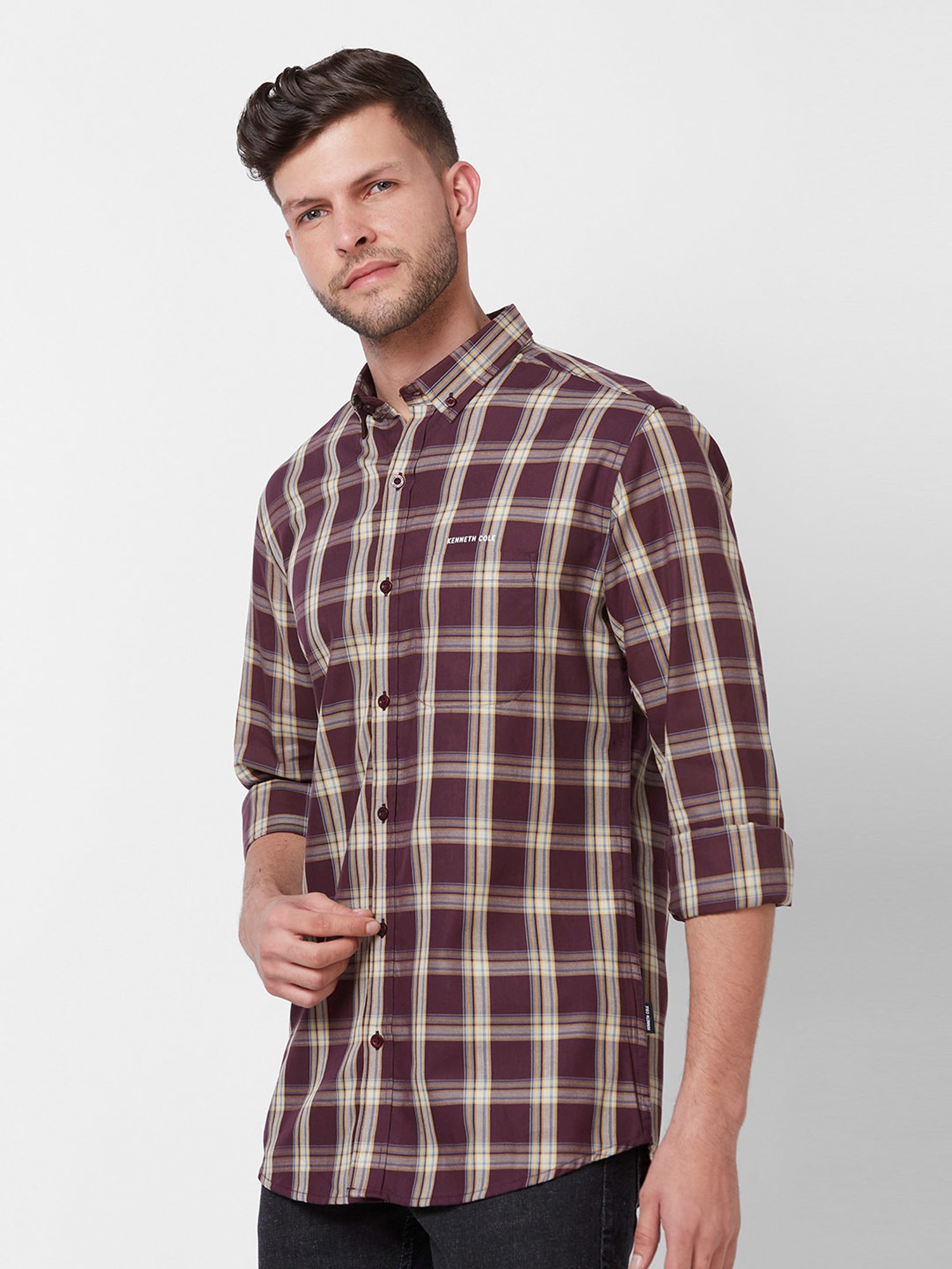 Kenneth Cole New York Maroon Slim Fit Check Cotton Shirt