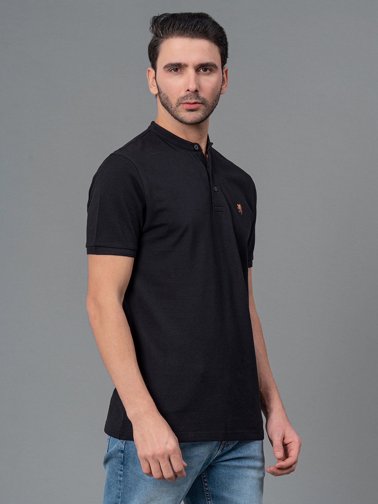 Red Tape Black Regular Fit Cotton Henley T-Shirt