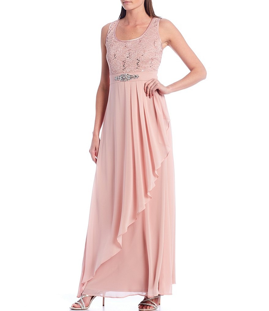 Jessica Howard Lace Jacket and Embellished Waist Ruffled Chiffon 2-Piece Gown