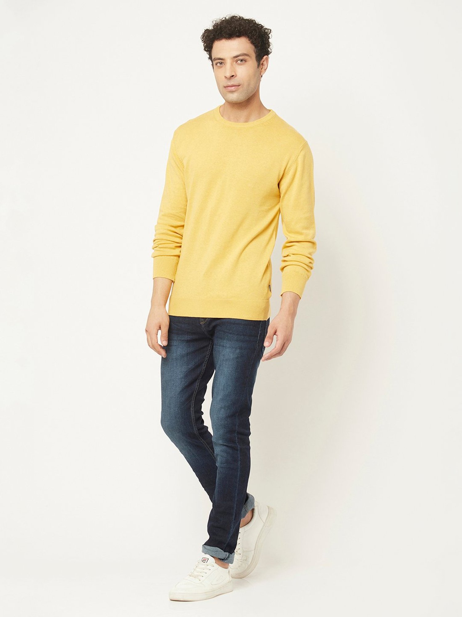 Crimsoune Club Yellow Regular Fit Round Neck Cotton Sweater