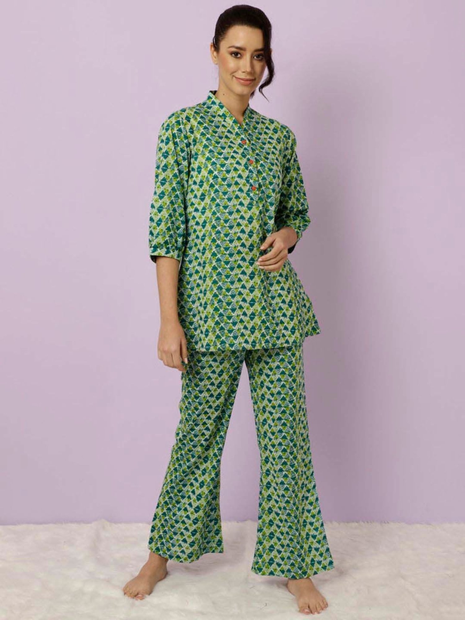Jaipur Kurti Green Cotton Printed Tunic Palazzos Set