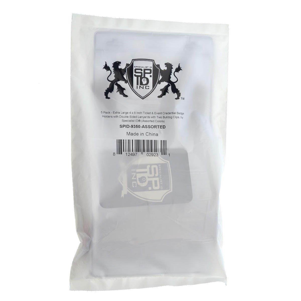 5 Pack - Extra Large 4 x 8 Inch Ticket & Event Credential Badge Holders with Double Sided Lanyards with Two Bulldog Clips, by Specialist ID (Assorted Colors)