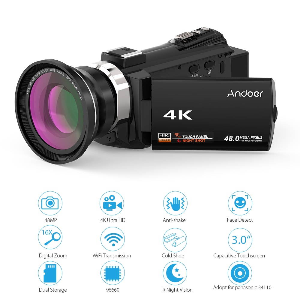 Andoer 4K 1080P 48MP WiFi Digital Video Camera Camcorder Recorder with 0.39X Wide Angle Macro Lens Novatek 96660 Chip 3inch Capacitive Touchscreen IR Infrared Night Sight 16X Zoom Cold Shoe Support