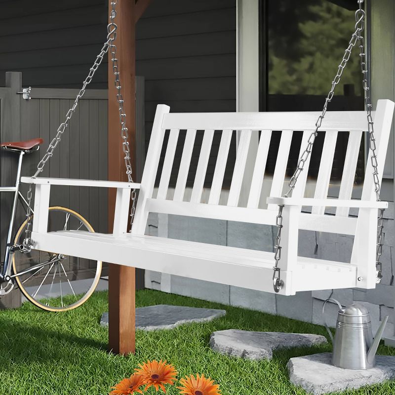 2 Person Outdoor Patio Wooden Porch Swing - White - Veikous