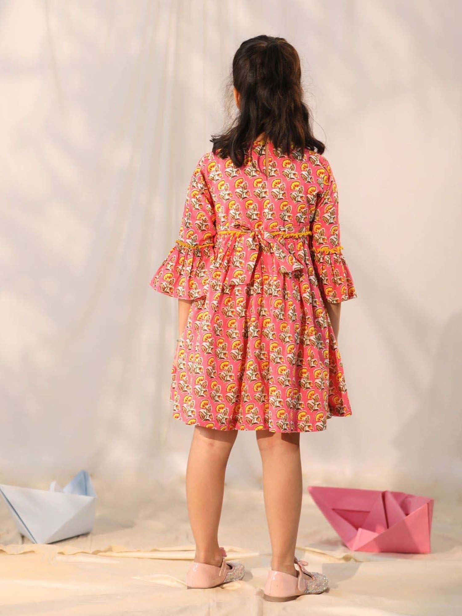 VASTRAMAY Girls Pink Cotton Floral Dresses