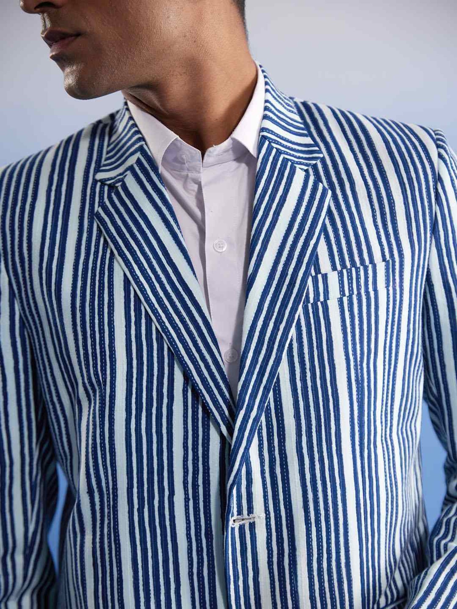 Vastramay Indigo Blue Cotton Regular Fit Striped Blazer