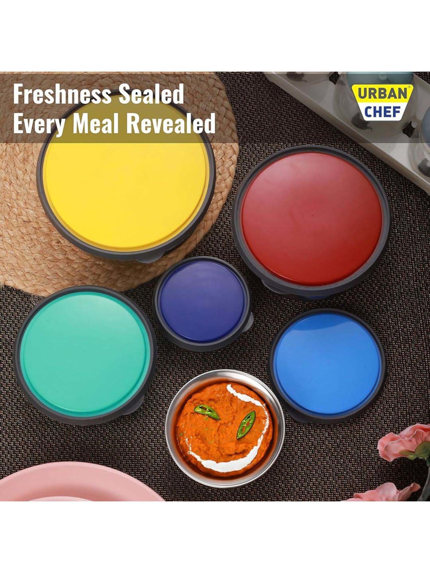 Urban Chef Multicolor Stainless Steel Fresca Push & Lock Bowl Storage Set With Lid - Set of 5