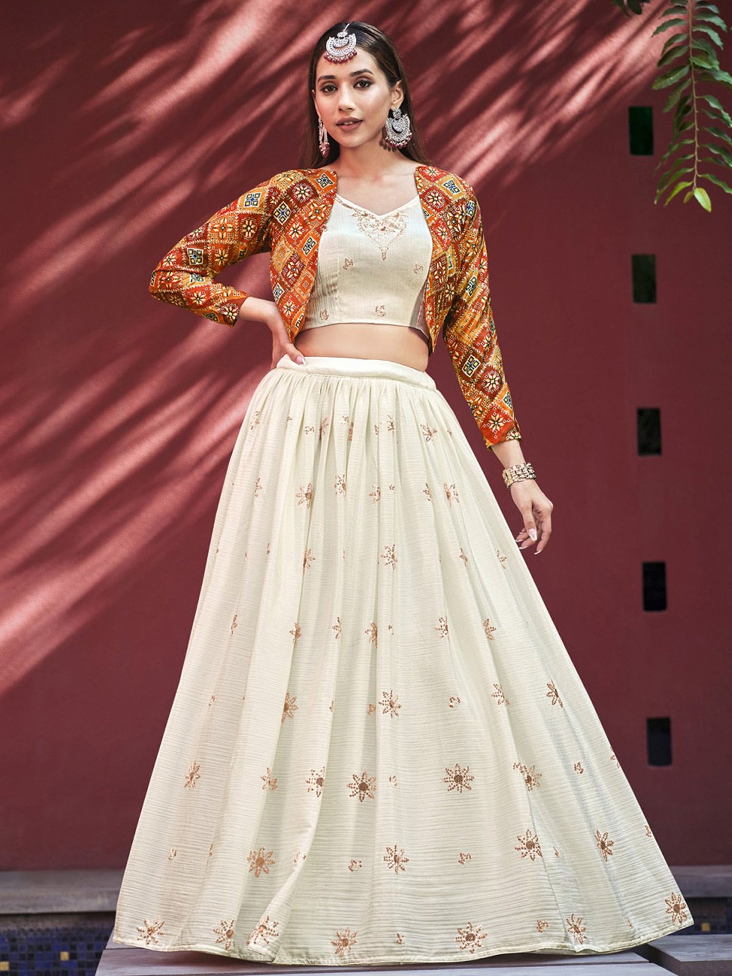 SHUBHKALA Beige Embellished Lehenga and Choli Set With Jacket