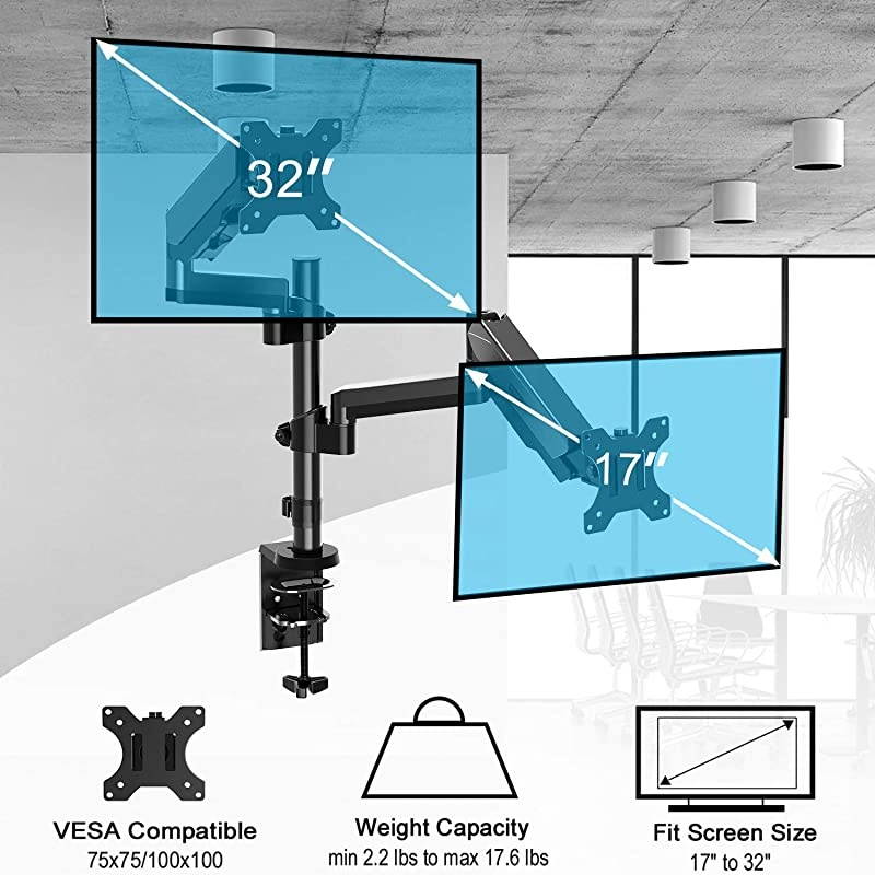 Monitor Mount Stand Gas Spring Arm Height Adjustable Monitor Desk Mount VESA Bracket for 17 to 32 Inch Computer Screen Holds up to 176lbs with Clamp Grommet Mounting Base VESA 75 100