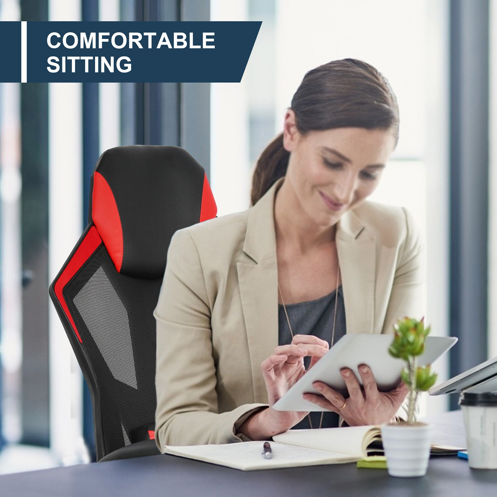 YOUTHUP Office Chair Functional Ergonomic Leather Gaming Chair Swivel Rolling Computer Desk Chair with Lumbar Support,Black and Grey