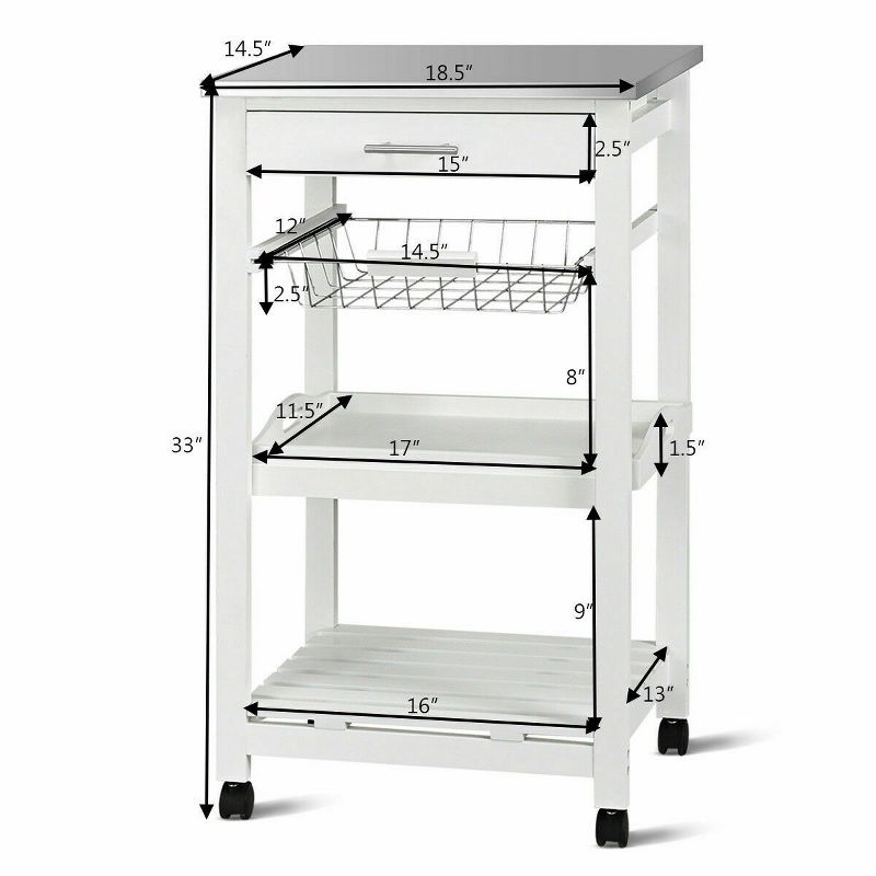 Costway Rolling Kitchen Trolley Cart Steel White Top Removable Tray W/Storage Basket &Drawers