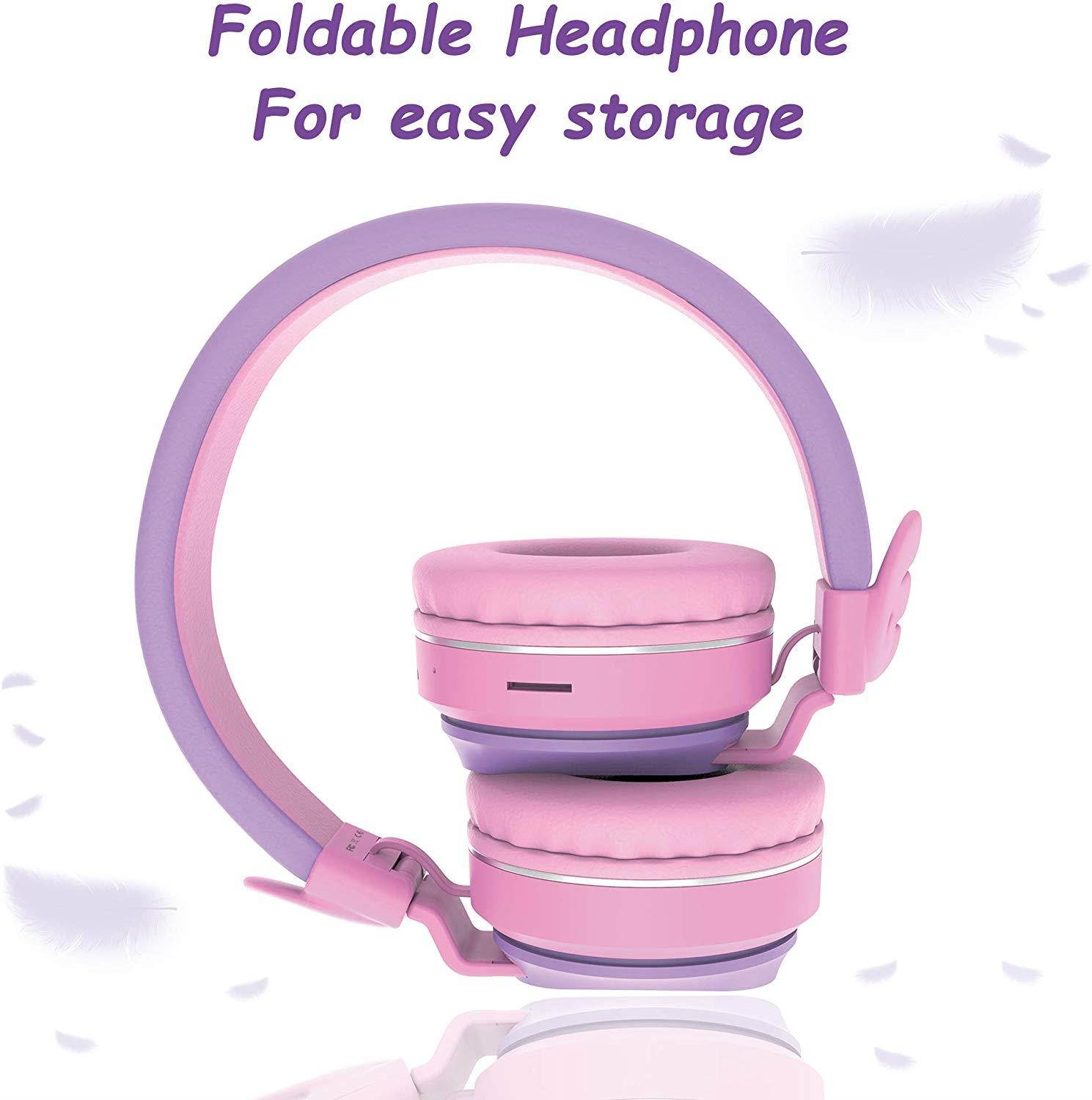 Riwbox BT05 Wings Kids Headphones Wireless Bluetooth Foldable Over Ear Headset with Volume Limited and Mic/TF Card Compatible for iPad/iPhone/Tablet (Purple&Pink)