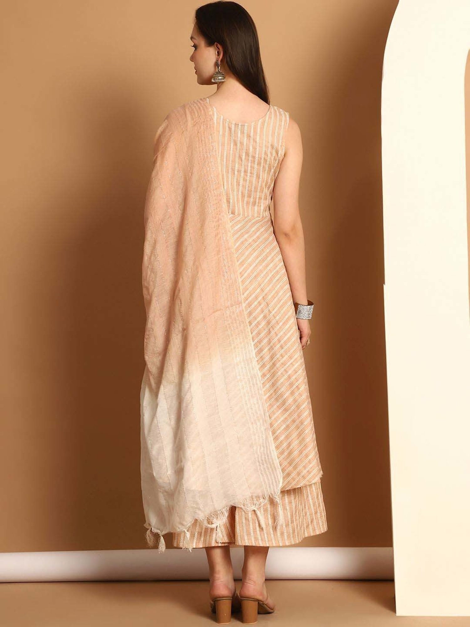 Jompers Beige Woven Pattern Kurta Palazzo Set With Dupatta