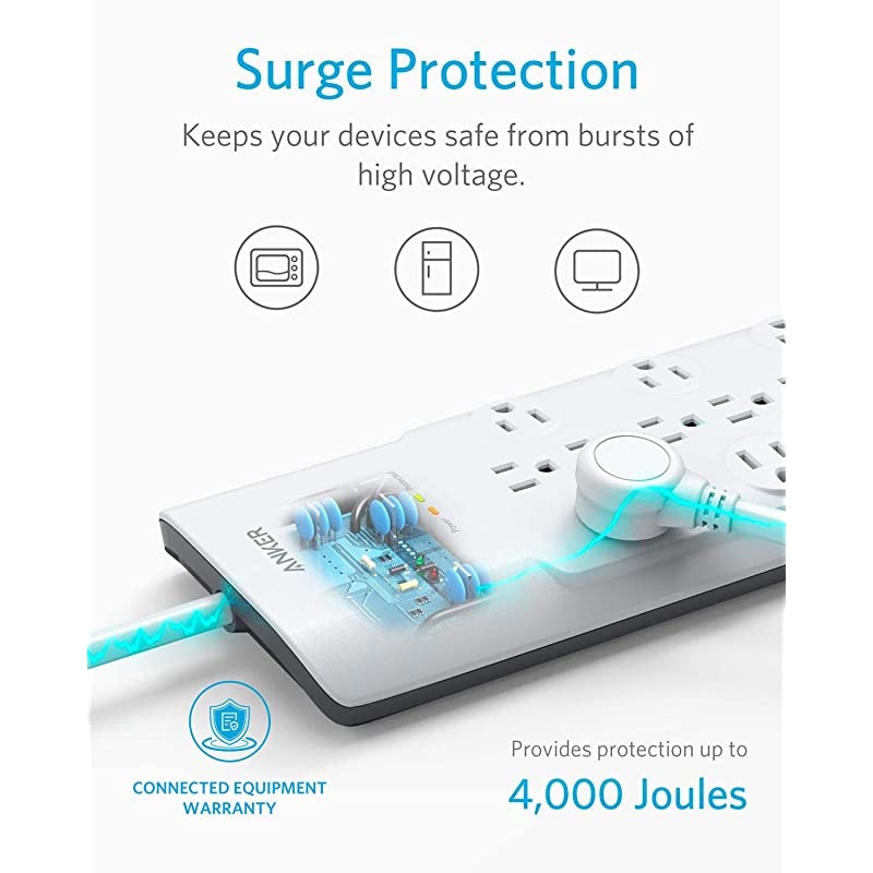 Power Strip Surge Protector 12 Outlets 3 USB Ports with Flat Plug PowerPort Strip With 6ft Extension Cord PowerIQ for iPhone XSXS MaxXRX Galaxy for Home Office and More 4000 Joules
