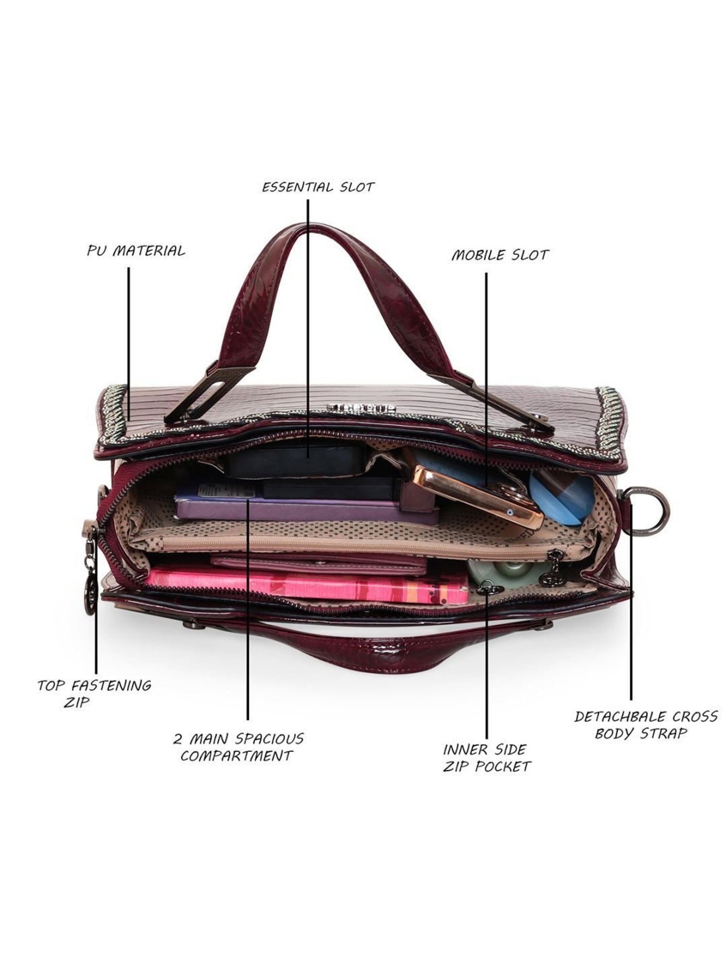 Esbeda Glossy Maroon PU Textured Handbag